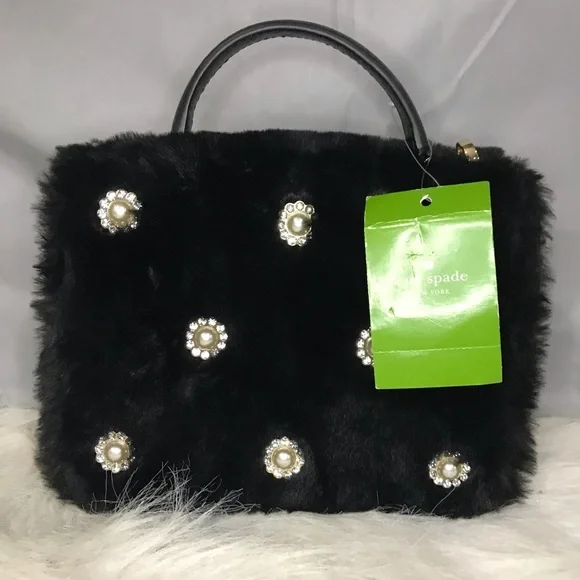 NWT Kate Spade Black Faux Fur Handle Crossbody Bag w/ Crystal Embellishments - Picture 16 of 16